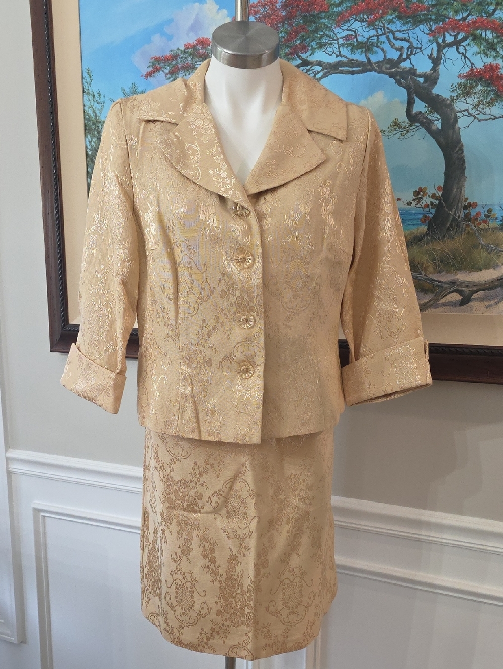 Elegant Gold Brocade Pencil Skirt - Women's Coordinated Set